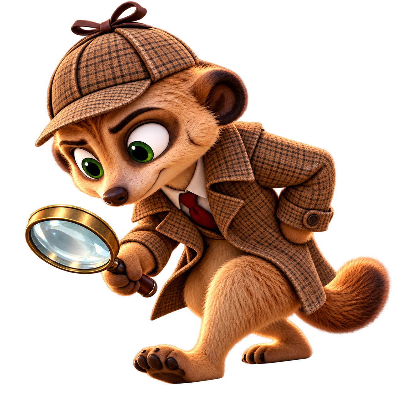 NearKat, a meerkat detective holding a magnifying glass
